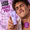 A man in a white towel holds a lavender tube of body hair removal cream against a pink-purple graphic background with text promoting hair removal and ingredients.