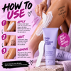 Promotional graphic for Body Hair Removal Cream showing a close-up of a person's leg with white cream applied and a razor nearby, alongside step-by-step usage instructions and the product tube.
