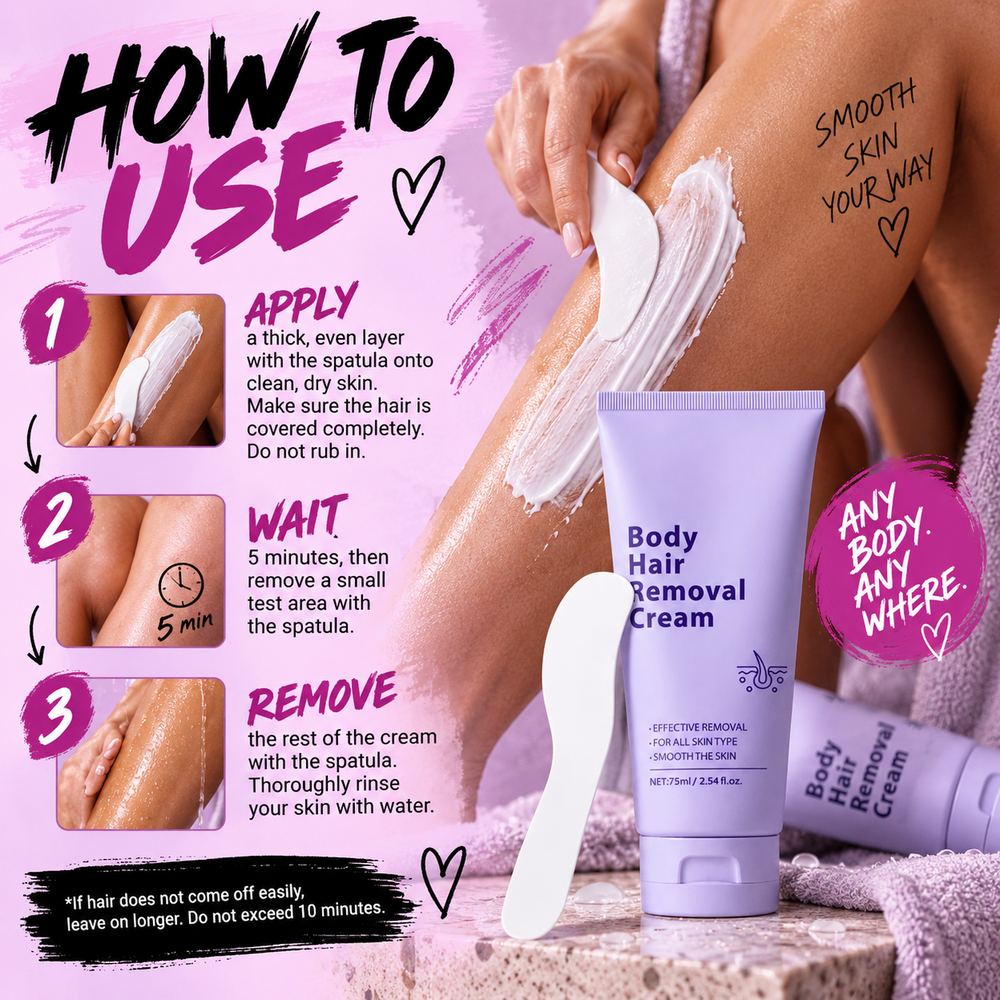 Promotional graphic for Body Hair Removal Cream showing a close-up of a person's leg with white cream applied and a razor nearby, alongside step-by-step usage instructions and the product tube.