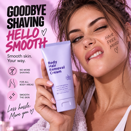 A woman holds a tube of body hair removal cream next to a pink background with promotional text reading 'GOODBYE SHAVING HELLO SMOOTH' and feature icons.
