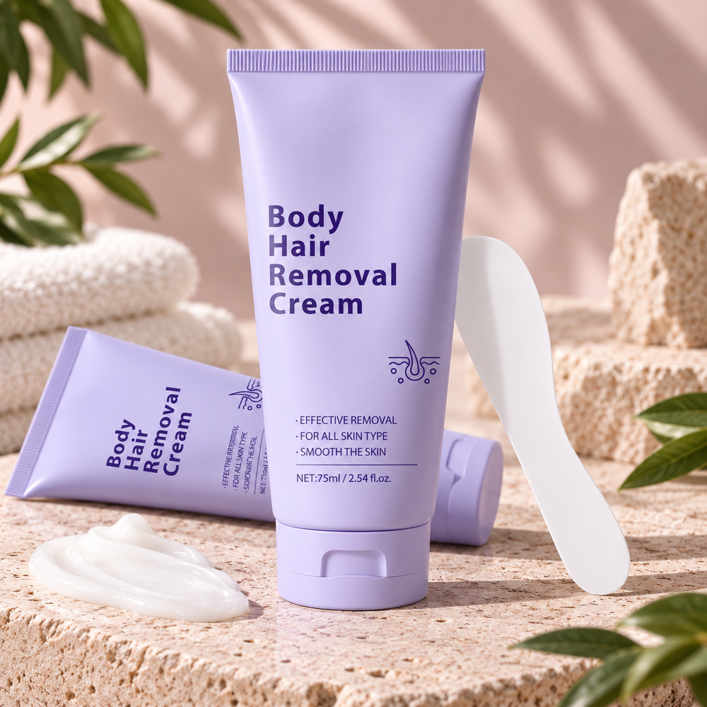 A lavender tube of Body Hair Removal Cream stands upright on a textured stone surface, with a second tube lying on its side, a dollop of white cream in the foreground, and a white spatula to the right. The scene is styled with soft beige stones, green leaves, and a warm neutral background.